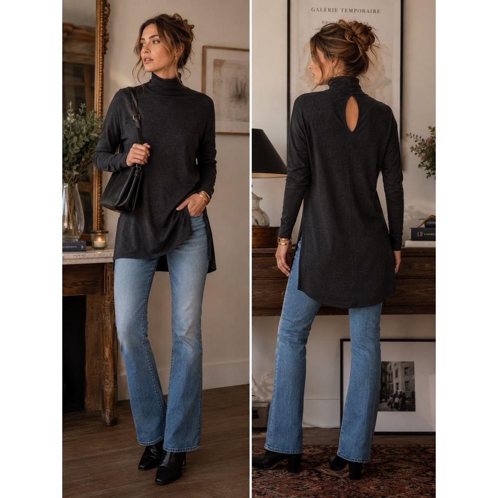 Vanessa Virginia Anthropologie Black Metallic Ribbed Turtleneck Keyhole Tunic XS
